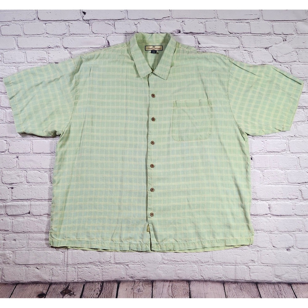 Tommy Bahama Mens XXL Green Grid 100% Silk Short Sleeve Button Down Shirt